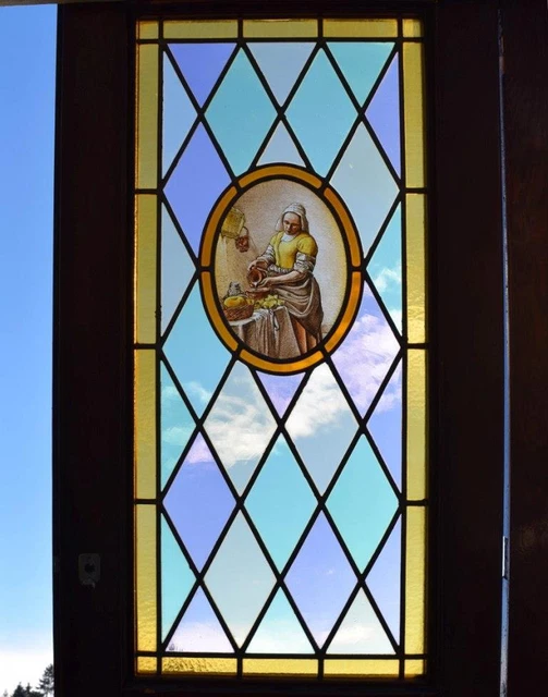 *Set of Three Pine Antique French Stained Glass Doors with Images of Paintings 5