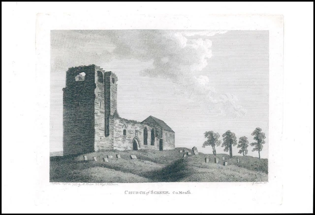 1797 Antique Engraving IRELAND View of CHURCH OF SCREEN Skryne Co.Meath (IG21)