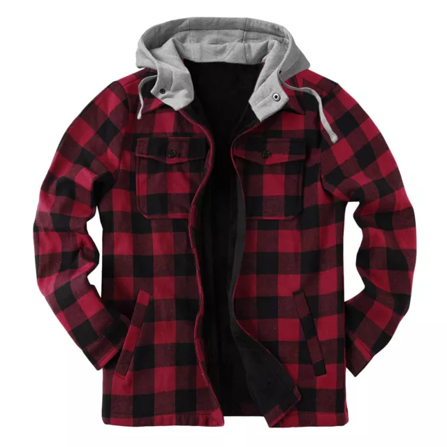 Mens Plaid Lumberjack Sherpa Jacket Polar Fleece Lined Hoodie Hooded Work Shirts