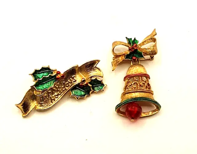 2 Vtg Gerry's Christmas Gold Tone Pins Brooches  Happy Holidays & Bell  Signed