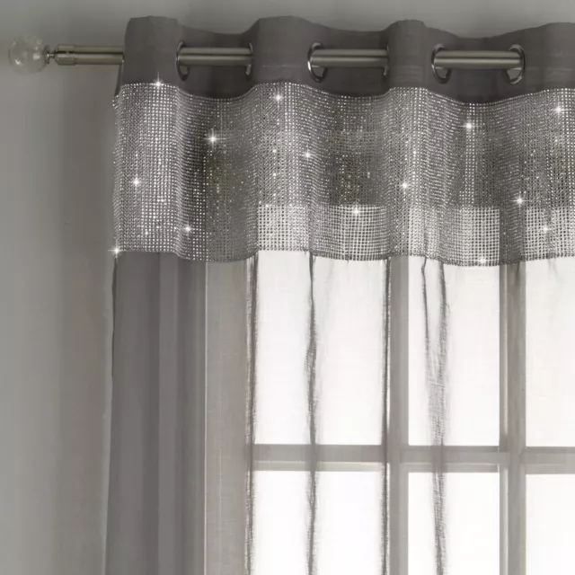 Sparkle Diamante Voile Net Curtains Tiffany Grey Eyelet Top 229cm Single Panel