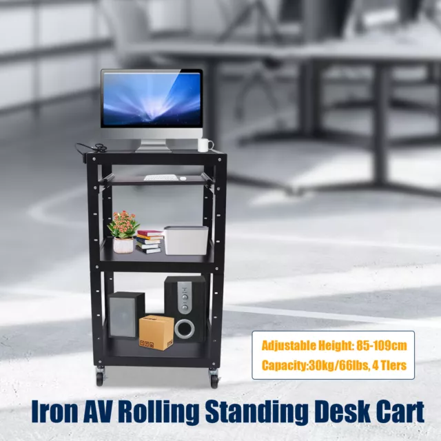 Metal AV Cart Media Cart Rolling Standing Desk on Wheels with Power Strip