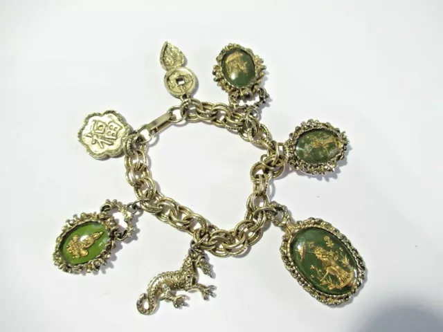 Glass Fob Oriental Asian Charm Bracelet W Scenes Dragon