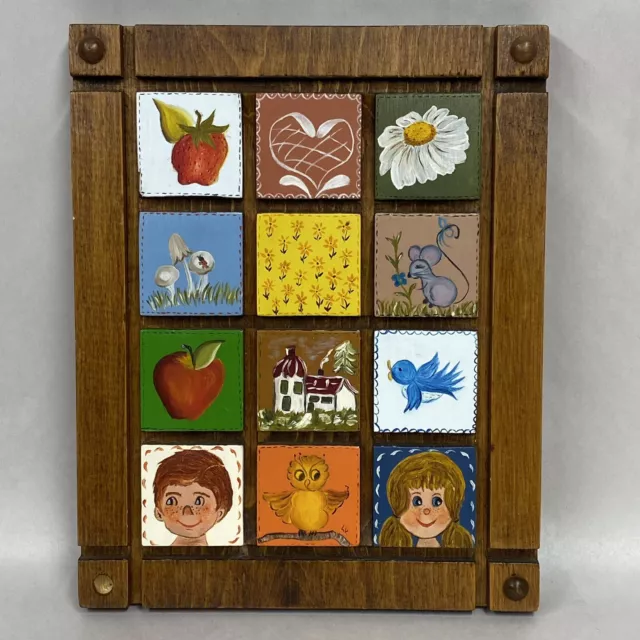 Vintage Wood Hand Painted Board Signed 9x11.5 Wall Decor Mushrooms Bird Folk Art