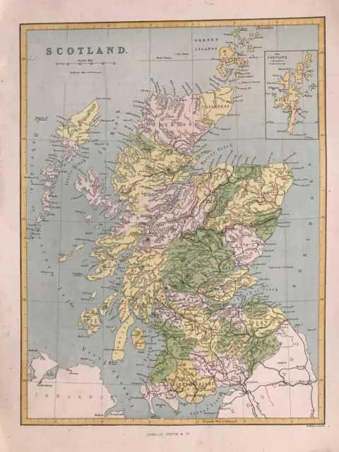 1874 Antique Map; Scotland by Virtue & Co. / William Hughes