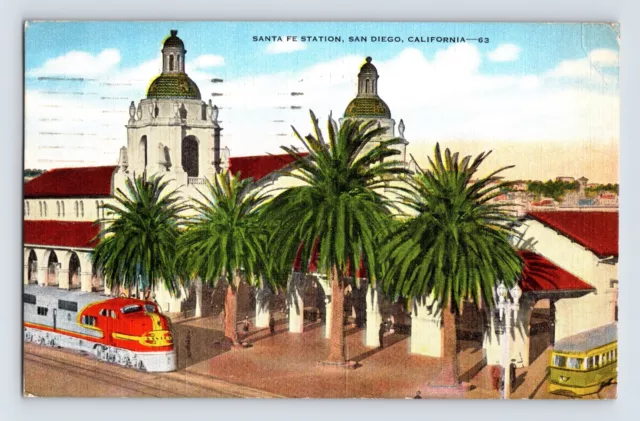 Postcard California San Diego CA Railroad Train Santa Fe Station Depot 1946