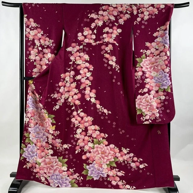 Woman Japanese Kimono Furisode Silk Butterfly Flower Silver Thread ReddishPurple