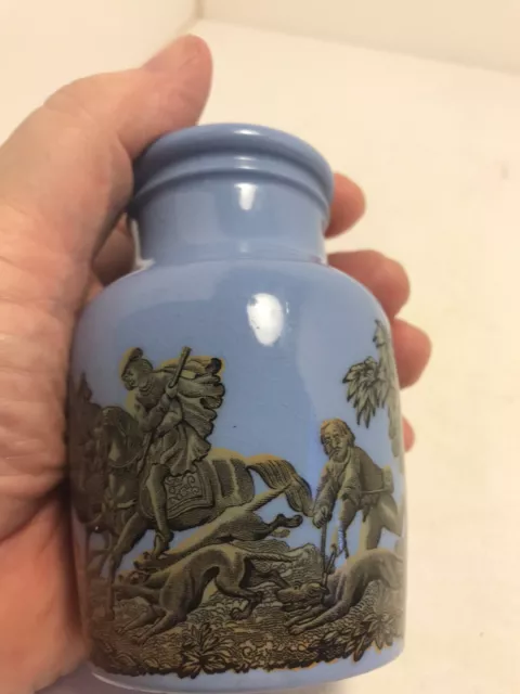 1860’s Blue Prattware Potted Meat Bottle boar scene with dogs horses UK 2