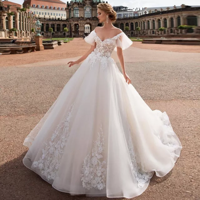 V Neck A Line Lace Wedding Dresses Applique Off Shoulder Backless Flower Gowns