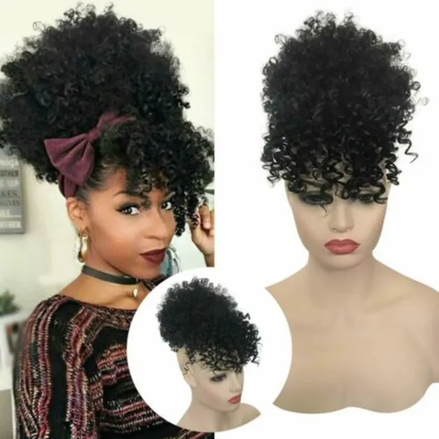 Court Afro Puff Kinky Curl cheveux chignon Ponytail corde avec Bang Synthétique