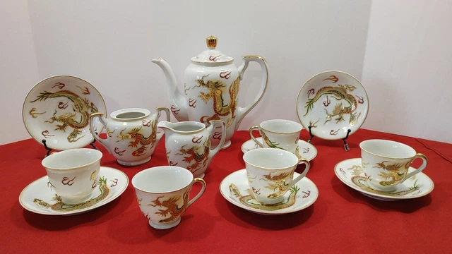 Occupied Japan DragonWare Teapot Creamer Sugar Tea Set White Red Gold Noritake