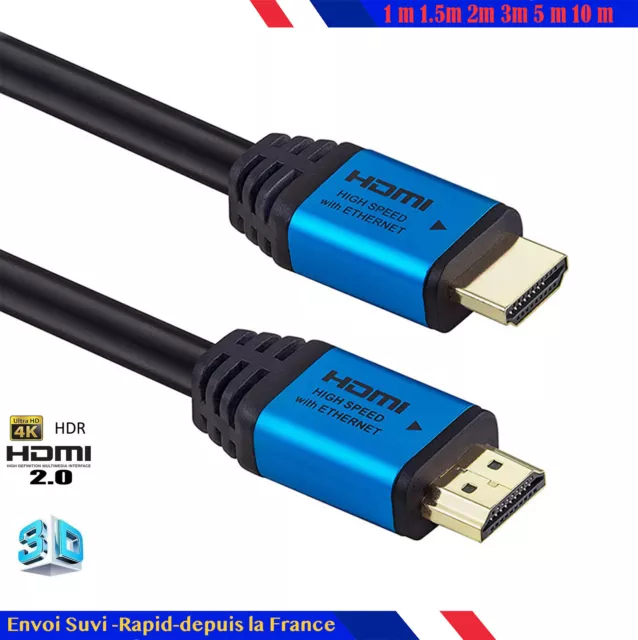 Câble HDMI 2.0 mâle mâle 3D HDCP2.2 4K 60Hz contact doré 2m