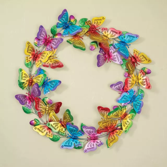 Colorful Spring Lustrous Metal Butterfly Wreath Airbrushed Metal 24" Diameter