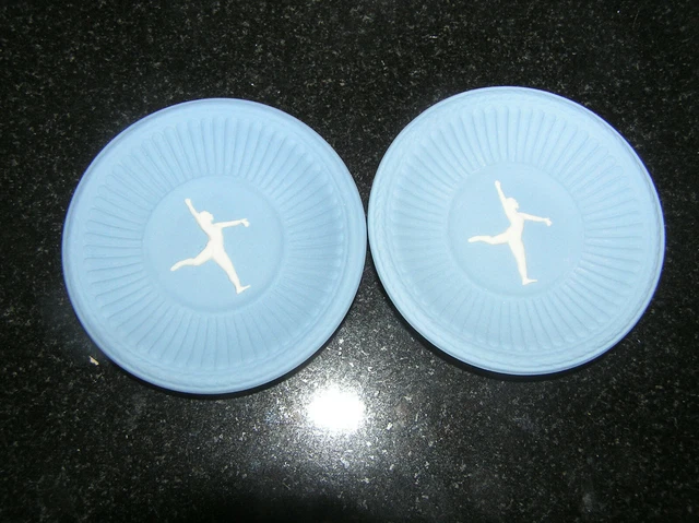 2 X Mini Wedgwood White On Blue Jasper Ware Plate Dancer Gymnast 3" Inch Lovely