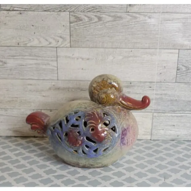 Vintage Duck Candle Holder Curled Beak Red Blue Tan Ornate Handmade Pottery