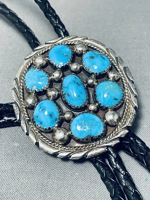 Superb Vintage Navajo 7 Morenci Turquoise Sterling Silver Bolo