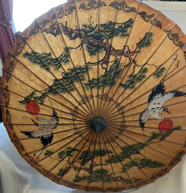 Vintage Hand Painted Parasol Bamboo  Rice Paper Cranes red moon  Bonsai Tree 30"