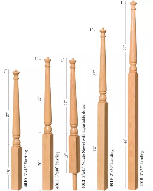 Colonial Style Rail Newel Post Set Red Oak Wooden Pin Top 4010-4011-4012