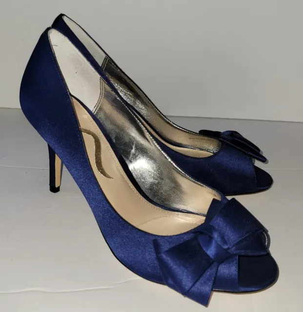 NINA royal Sapphire Blue Satin Fabric Bow Peeptoe Formal Cocktail Heels 7.5