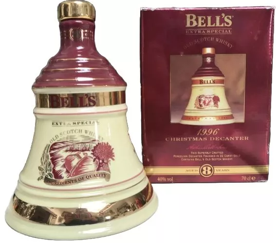 Bells Wade Porcelain Old Scotch Whiskey Christmas 1996 Bell Decanter Empty & Box