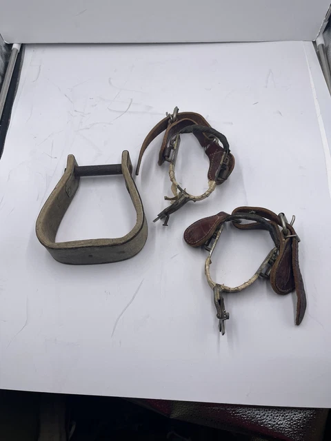 Vintage PAIR WESTERN SPURS HAND FORGED IRON TOOLED LEATHER STRAPS 2