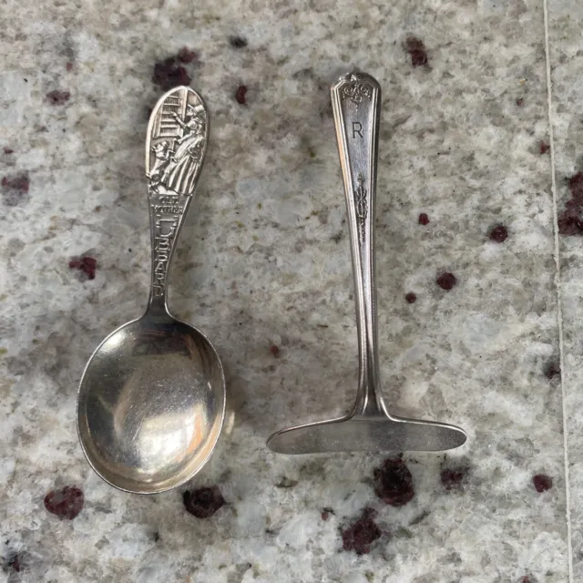 sterling silver old mother hubbard childs spoon and Plated pusher Christening