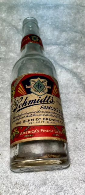 Schmidt Beer Bottle Clear With Paper Label Detroit Brewing Co. 12 oz