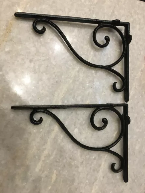 Pair (2): Black Cast Iron Bookshelf Shelf Brackets/Arms Scrolling 9 3/8" x 6 7/8