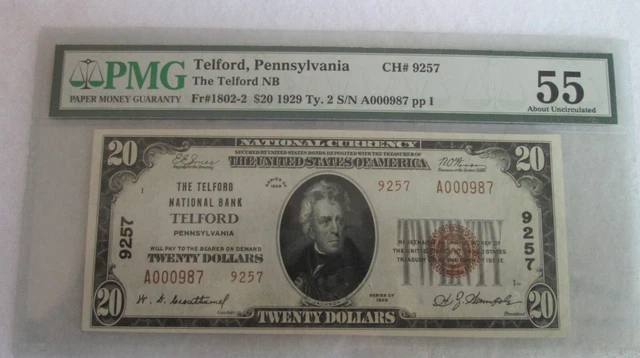 CH# 9257, Telford Pennsylvania $20 Type 2 National , PMG Graded 55 (pinholes)
