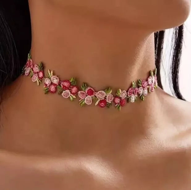 Trachten Kette Halsband Dirndl Oktoberfest floral Blumen rosa Choker NEU