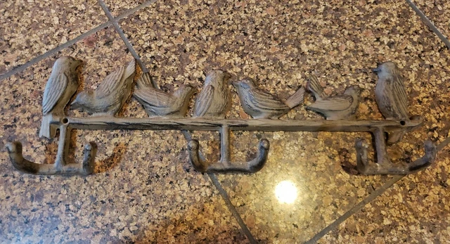Brown Black Cast Iron Metal Birds 6 Hook Wall Hanger Coat Hat Key Rack 16"