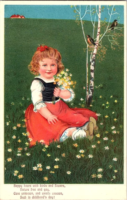 Postcard. Girl Picking Flowers.