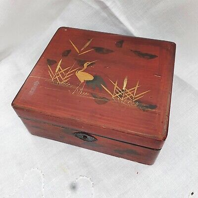 Antique Japanese Hand Painted Lacquered Wooden Box Stork Design AF