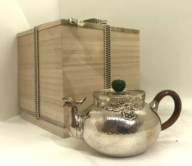 PURE SILVER Teapot beast's mouth GINBIN Antique Vintage Konan work Made in Japan