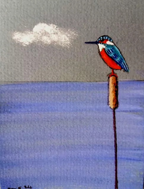 ACEO original bird painting 'Kingfisher-Lonely Water'  by AlisonE