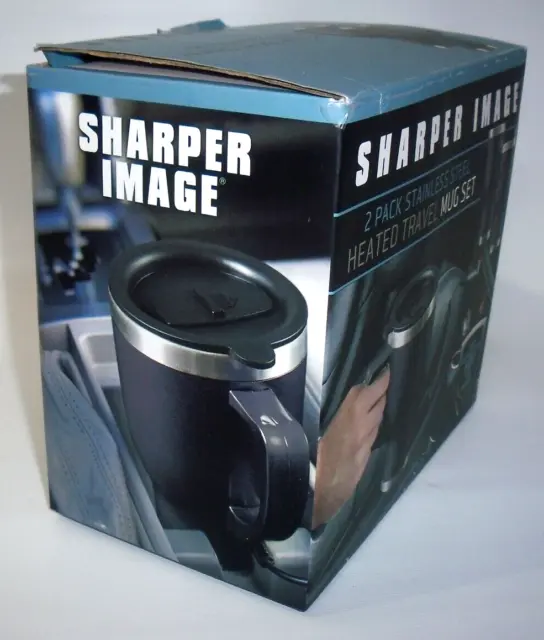 Sharper Image 2 Pack Stainless Steel Heated Travel Mug Set Black 14oz 12V New! 5