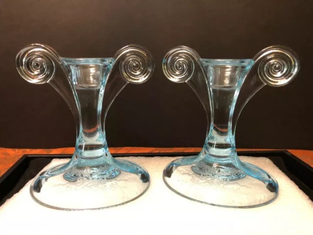 Fostoria Azure Blue 5" Tall Etched June Scroll Candlesticks Pair Candle Holders