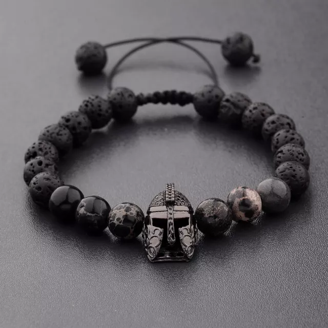 Men's Lava Stone Zircon Spartan Black Helmet Beaded Macrame Charm Bracelets Gift