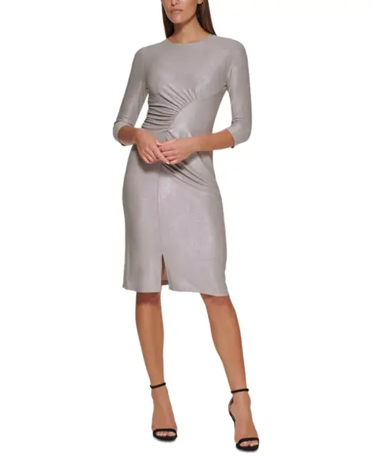 Tommy Hilfiger Women's Fog Foil-Knit Ruched Sheath Dress 1B 1800