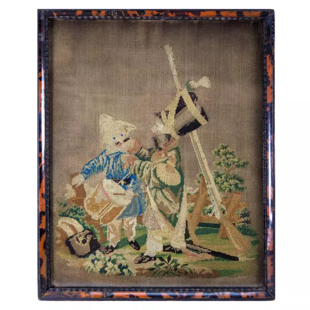 Antique Petitpoint Needlepoint Tapestry Sampler, Boys Playing Soldier Rare Frame