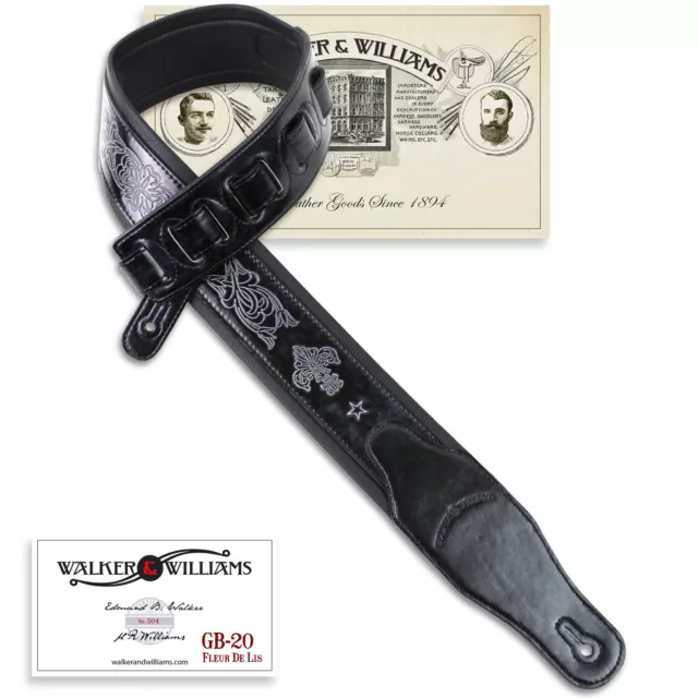 Walker And Williams GB-20 Denim Black Fleur De Lis Design Padded Guitar Strap