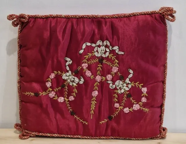 Antique Handkerchief Case Silk Satin Ribbonwork Beadwork Original Victorian