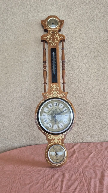 Horloge Murale Vintage En Bois Avec Thermomètre Et Hygromètre, Fabrication Française, Années 70