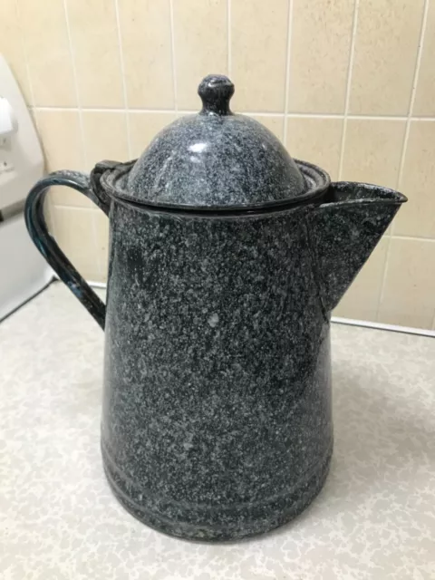 Rare Near Mint 1900 Greens/Black/White Coffee Pot Graniteware Enamelware Antique