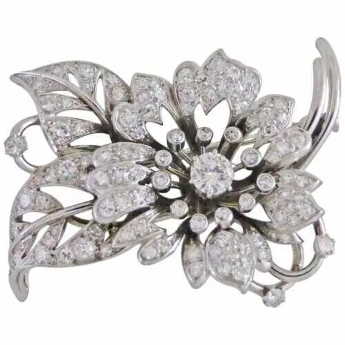 1950s French Flower Design with White Round Cut White Stone Fashion Brooch