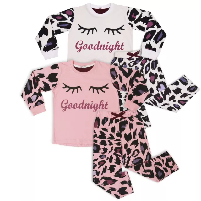 Kids Girls Goodnight Pyjamas Pack Of 2 PJs Leopard Sleepwear Loungewear Set