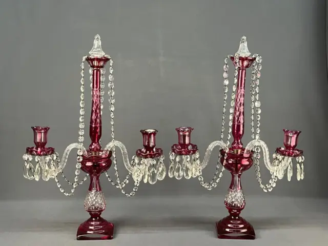 Pair of Bohemian Cranberry Cut Crystal 3-Light 24" Girandole Candelabras c. 1900