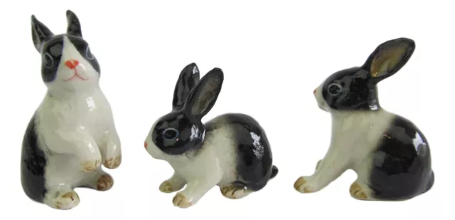 Miniature Ceramic Hand Painted Black & White Rabbit Figurines - Set of 3