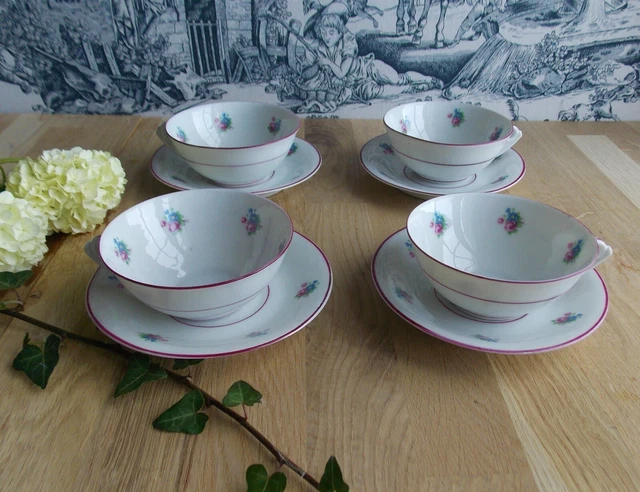 4 Anciennes Tasses Porcelaine France Petites Fleurs Style Anglais Annee 40