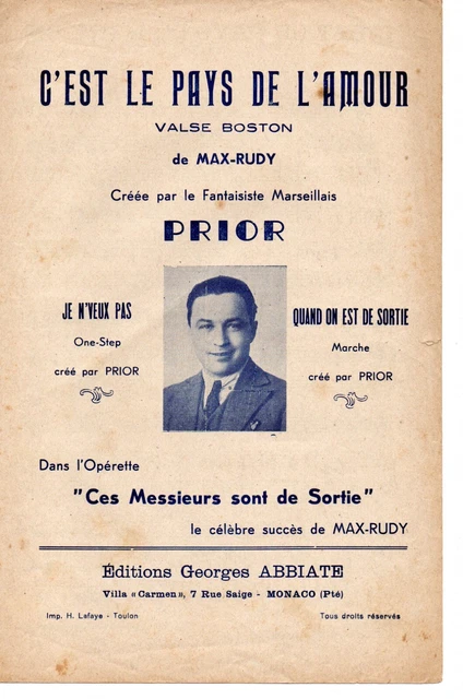 Partition chant piano ou accordéon - Valse boston de MAX-RUDY créée par PRIOR